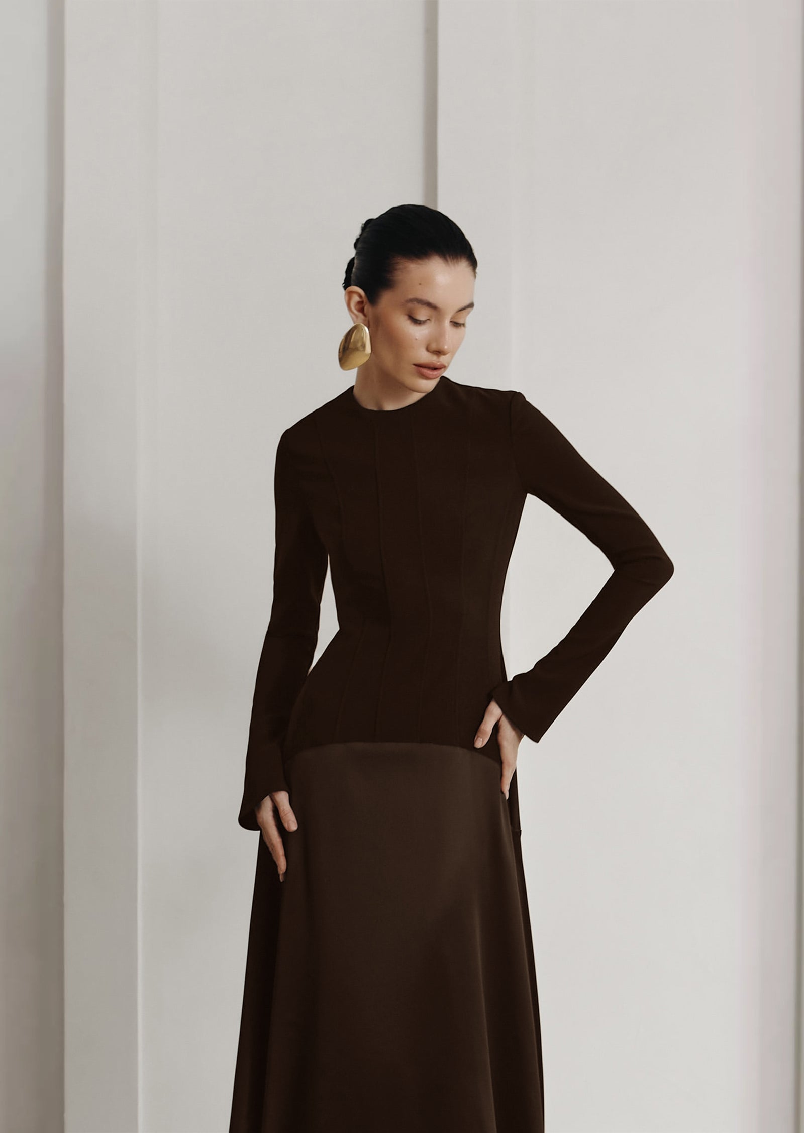 Knitted Satin Maxi Dress in Coffee