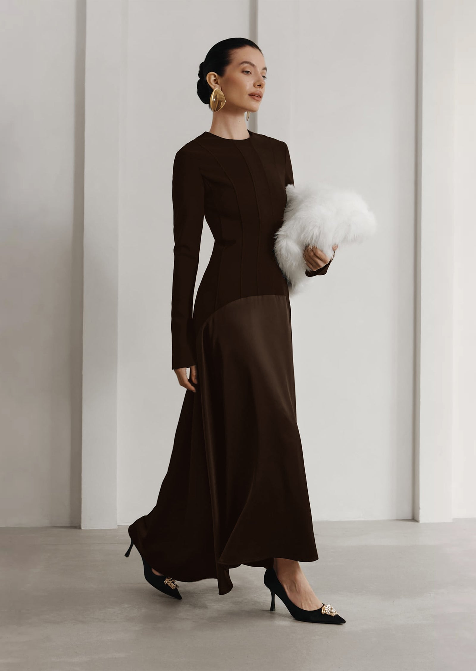 Knitted Satin Maxi Dress in Coffee