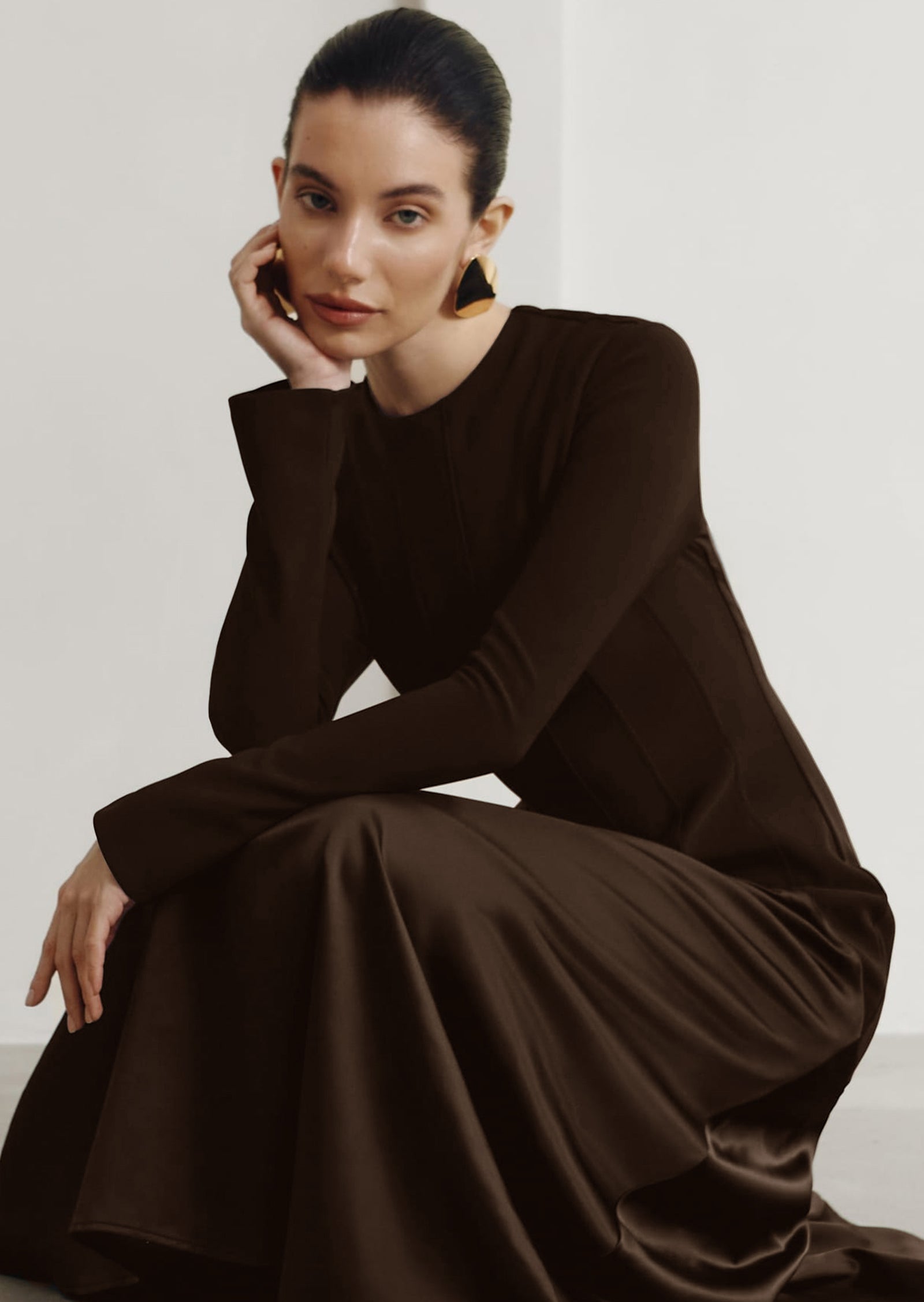 Knitted Satin Maxi Dress in Coffee